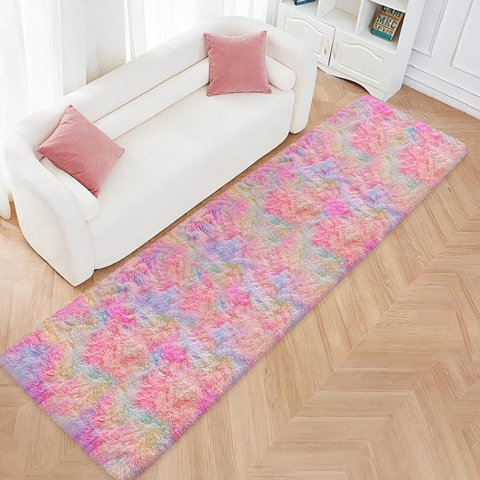 2x10 Feet Tie-Dye Rainbow Unicorn Rug for Girls Bedroom, Soft Fluffy Long Runner Rug for Bedroom, Non-Slip Colorful Carpet Runner for Hallway, Living Room, Kids Room, Dorm, Kawaii Home Decor