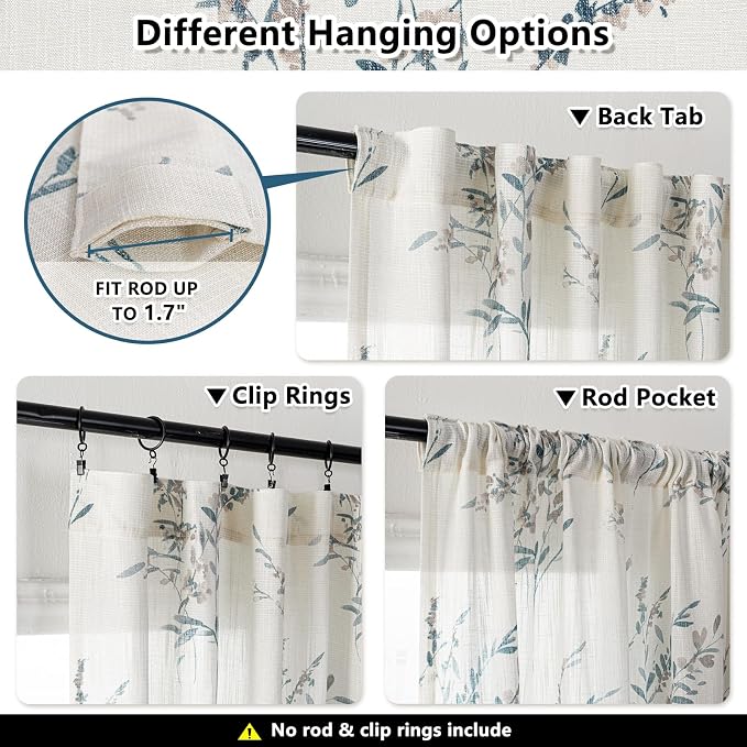MYSKY HOME Sheer Floral Curtains 63 Inch Long for Bedroom Linen Look Drapes Light Filtering Privacy Added for Living Room Kitchen Farmhouse Style Texture Soft Touch Window Treatment, 50'' Wide, 2 Pcs