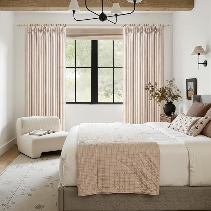 Pinch Pleated Semi Sheer Linen Curtains for Bedroom 84 Inches Long 2 Panels Set, Memory Shape Light Filtering Privacy Boho Windows Drapes Kids Room Heavy Curtain Decor with Hooks & Rings 50"Wx84"L