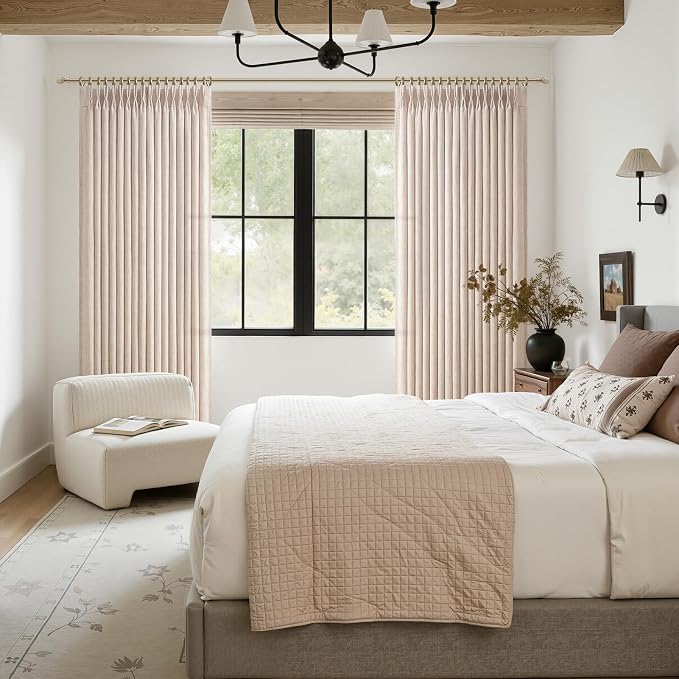 Memory Trained Pinch Pleated 102 Inch Extra Long Curtains for Sliding Glass Doors, Linen Semi Sheer Light Filtering Non See Through Living Room Floor Length Modern Window Curtain & Drapes 4 Panels Set