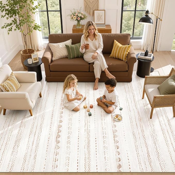 Nakagishi 8x12 Area Rugs Living Room: Washable Boho Large Neutral Soft Farmhouse Rug Stain Resistant Modern Moroccan Non-Slip Indoor Floor Carpet for Bedroom Nursery Kids Playroom Office- Brown