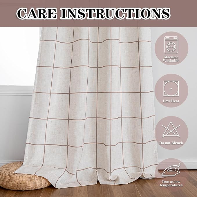 MYSKY HOME 100% Blackout Brown Plaid Linen Curtains 90 Inches Long Double Layer Farmhouse Thermal Insulated Checkered Patterned Drapes Rod Pocket Back Tab for Living Room Dining Room, 2 Pcs, W52