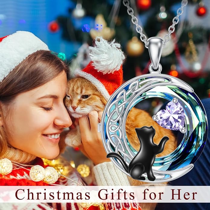 TOUPOP Cat Gifts for Cats Lovers 925 Sterling Silver Black Cat Necklace Celtic Moon Birthstone Jewelry for Women Anniversary Birthday Gift for Her Wife Mom