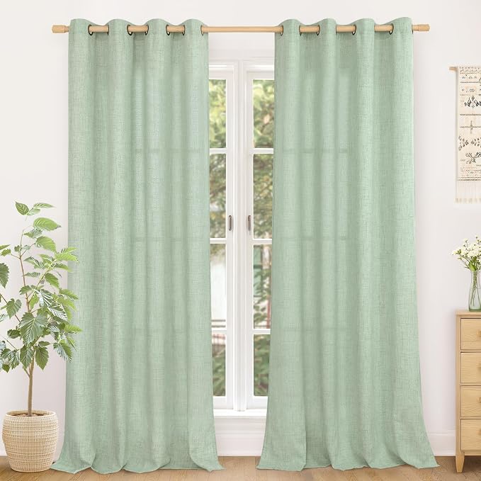 YoungsTex Sage Green Curtains, Linen Drapes 84 Inches Long for Living Room | Light Filtering with Grommet Window Treatments Semi Sheer for Dining Bedroom, 2 Panels, 52 X 84 Inch