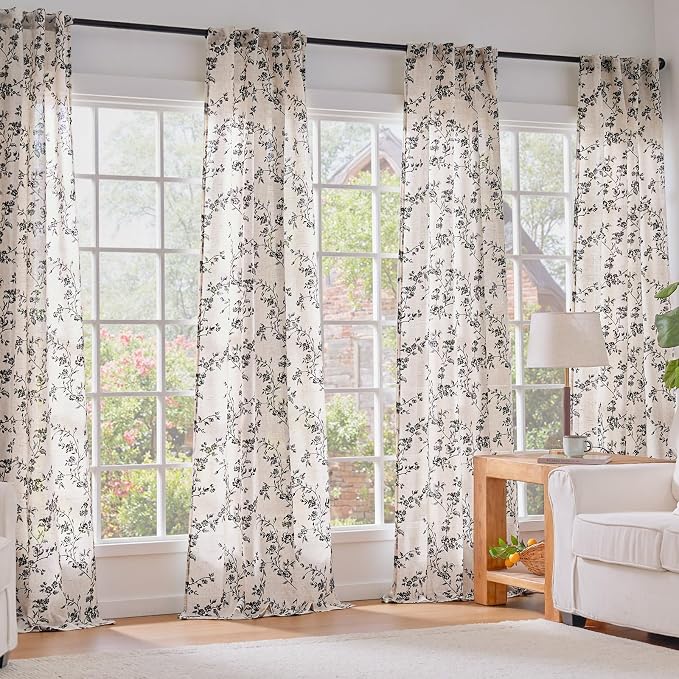 Lazzzy Floral Linen Curtains Farmhouse Extra Long Curtain for Living Room Bedroom Light Filtering Vintage Rod Pocket Back Tab Drapes for Home, 2 Panels, Black on Beige, W38 X L108
