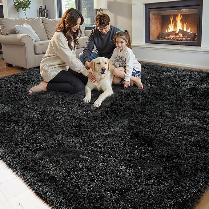 Area Rugs 10x14 Living Room, Shaggy Carpet Soft Plush Furry Bedside Rug Large Area Rugs for Bedroom Home Decor Anti Slip(10 x 14, Black)