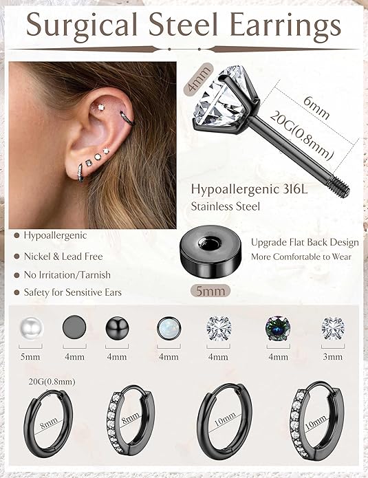 Jstyle Hypoallergenic Stud Hoop Earrings for Women Small Flat Back Surgical Stainless Steel Earrings for Sensitive Ears Trendy Silver Hoops Cartilage Earring Stacks Set Multiple Piercing Jewelry Gifts
