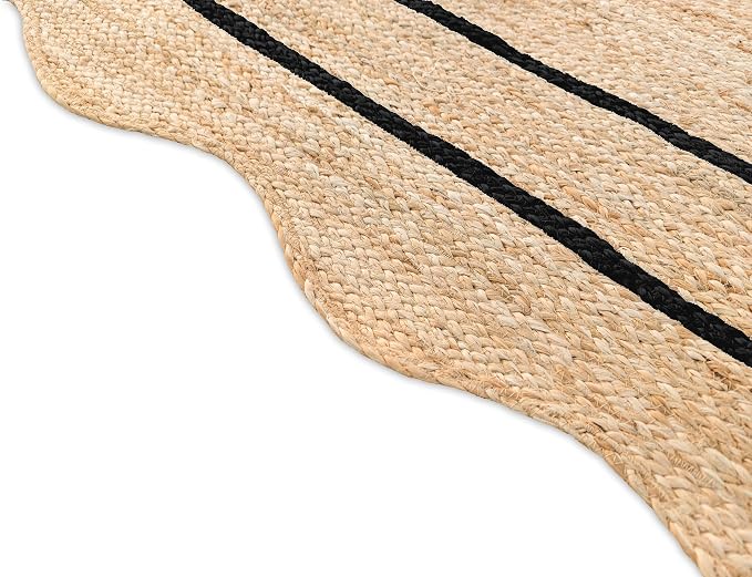 Wave Scalloped Natural Jute Rug Boho Jute Rug Entryway Runner Rug Farmhouse Scallop Rug, Black (2'x10')