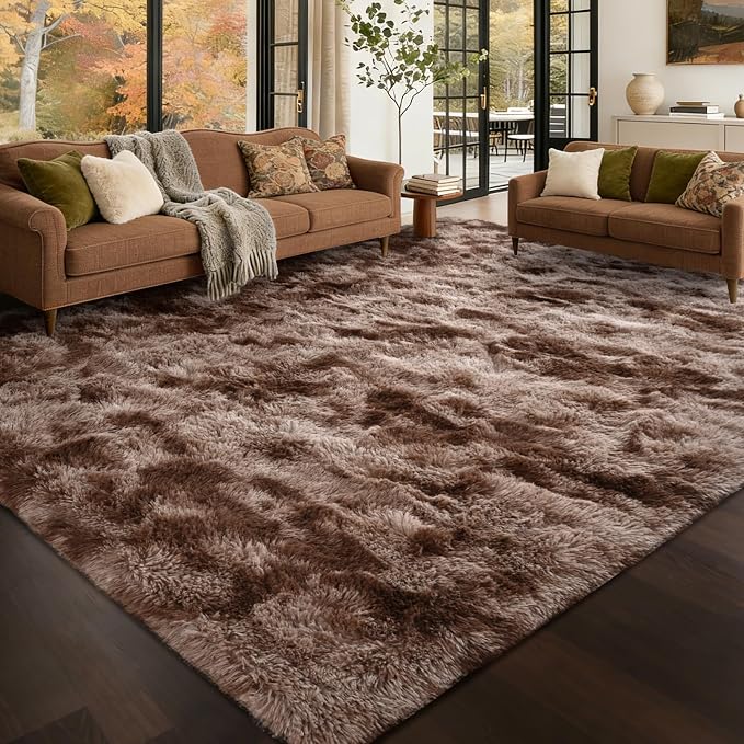 5x7 Area Rugs for Living Room Decor, Non-Slip Shaggy Tie-Dyed Rugs for Bedroom Kids Playroom Dorm Room, High Pile Ultra Soft Carpet, Brown