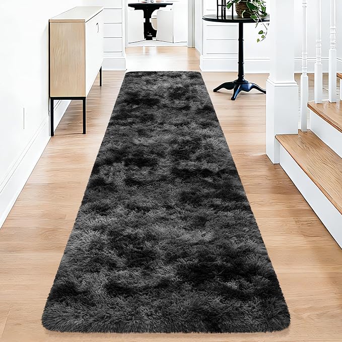 2x10 Feet Tie-Dye Black Grey Runner Rug for Bedroom Bedside, Soft Fluffy Long Shag Carpet Runner for Hallway, Machine Washable Rug for Living Room, Kids Room Boys, Dorm, Nursery, Home Decor