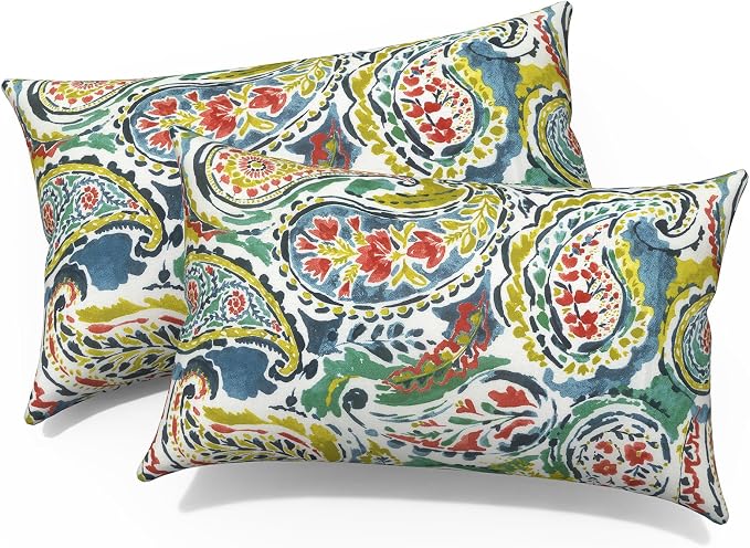 Outdoor Lumbar Pillows 12x20 Inch, Water Repellent Cushion Pillows, Outdoor Pillows with Inserts for Home Garden Pack of 2, Paradise Paisley