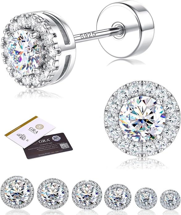 Moissanite Stud Earrings with Flat Back - 925 Sterling Silver D Color VVS1 Moissanite Earring for Women Men,14K White Gold Plated Brilliant Halo Stud Earrings Hypoallergenic Jewelry for Sensitive Ear