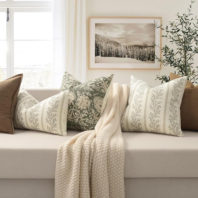 Vintage Throw Pillow Covers 16x16 Set of 2, Striped Floral Pillow Cover Botanical Patterned Decorative Cushion Covers Modern Farmhouse Home Decor for Sofa Couch Bed Living Room, Light Brown