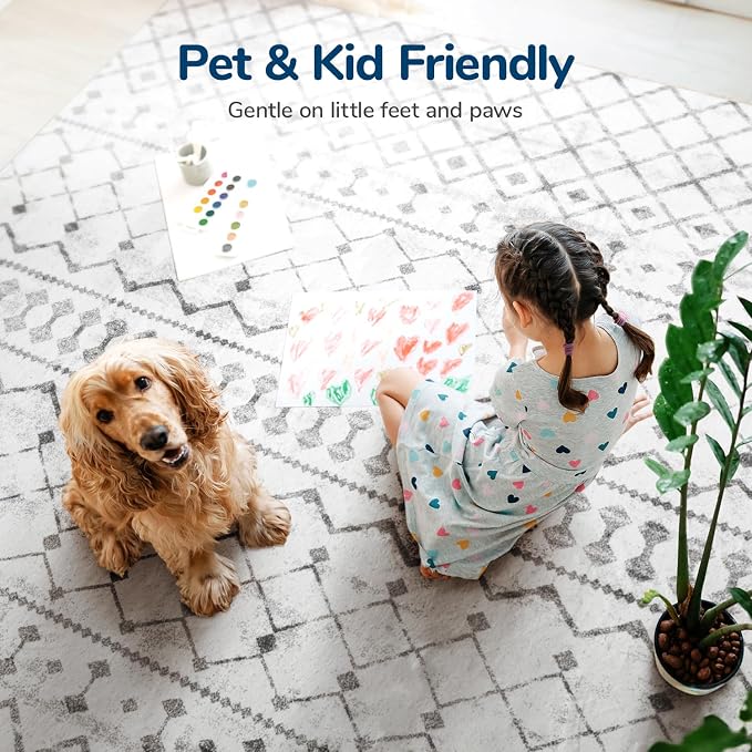 Lessymo Washable Area Rugs 6x9 for Bedroom Living Room Kitchen, Ultra-Soft Faux Wool Geometric Area Rug with Non-Slip Rubber, Kid & Pet Friendly, Geometric Grey