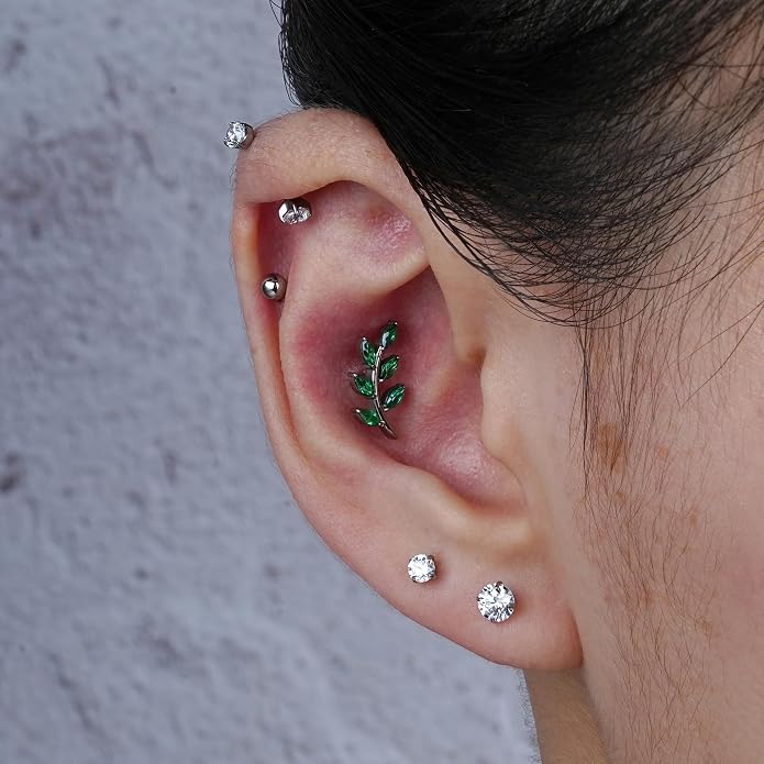 FINE4U 1PC Leaf Flat Back Stud Flat, Helix, Conch, Tragus 6mm 8mm - ASTM F136 Titanium Screw on Body Piercing Jewelry