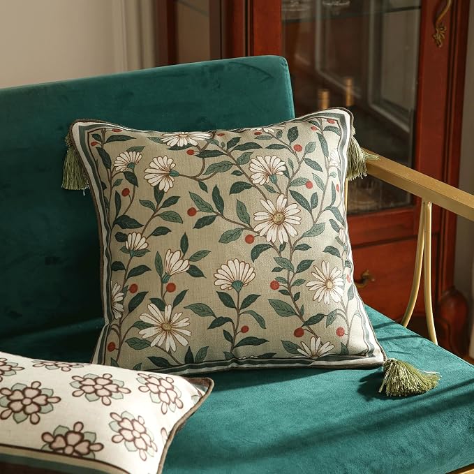 ISAENNE Designer Linen Square Throw Pillow Cover,Set of 2,18"x18"-Brune A | Vintage French Elegant Pillow Cover,Concealed Zipper Design,Floral Pattern,Sofa,Bedroom,Living Room,Lounge Chairs