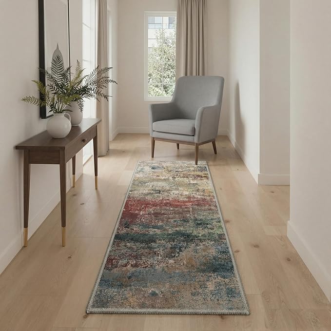 GENIMO Runner Rug Non Slip 2'6"x8', Washable Rug Runner for Hallways Kitchen, Abstract Modern Kitchen Rugs, Low Pile Lightweight Carpet Runners for Entryway, Bedroom, Laundry, Bloom Red