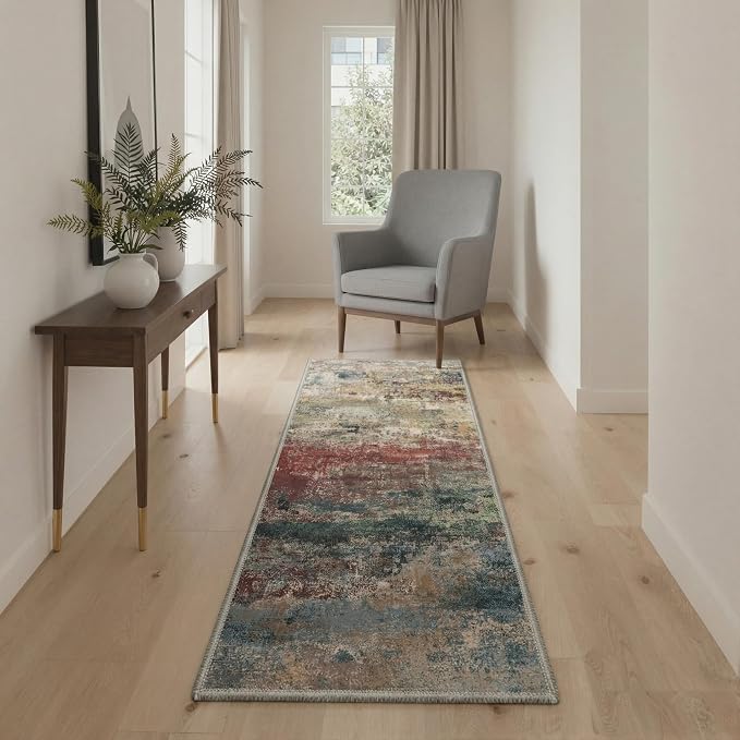 GENIMO Runner Rug Non Slip 2x7, Washable Rug Runner for Hallways Kitchen, Abstract Modern Kitchen Rugs, Low Pile Lightweight Carpet Runners for Entryway, Bedroom, Laundry, Bloom Red
