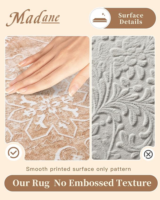 Madane Washable Area Rug 4x6, Low Pile Stain Resistant Vintage Area Rugs, Non Slip Accent Rug Floral Print Indoor Mat for Entryway Living Room Kitchen Bedroom, Jasper Orange
