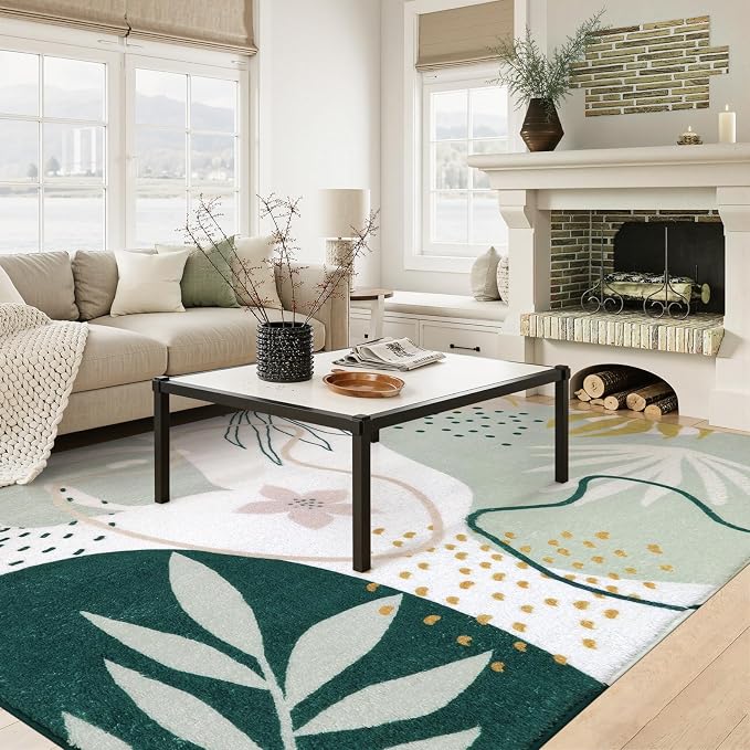 Lahome Green 10x14 Rug for Living Room, Large Washable Area Rug Non-Slip Ultra-Thin Stain Resistant Rug for Dining Room Table, Soft Botanical Print Indoor Rug for Bedroom Office (Green, 10'x14')