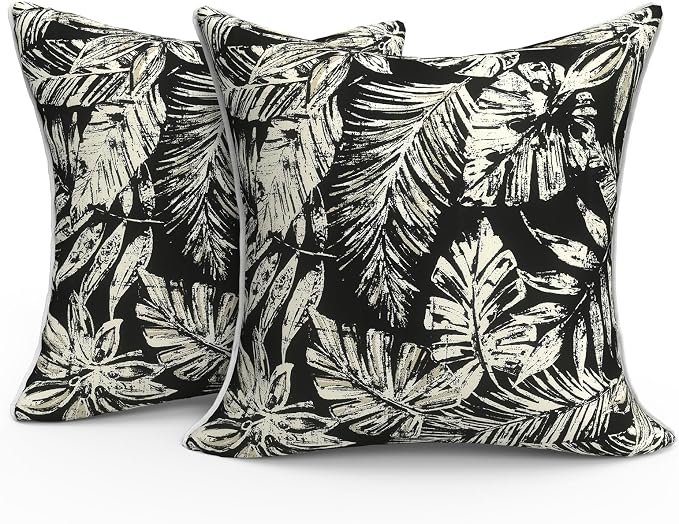 Outdoor Throw Pillow Covers Pack of 2, Decorative Water Repellent Square Pillow Cases with Piping 18x18 Inch, Tropical Leaf Black