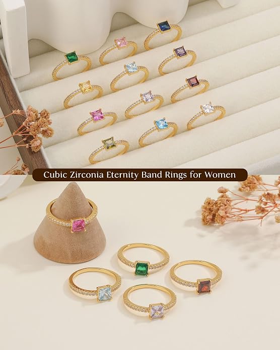 Birthstone Gold Rings for Women Non Tarnish 14K Gold Plated Stackable Cubic Zirconia Thumb Rings Dainty Cute Emerald Eternity Band Pinky Ring Engagement Wedding Promise Rings Jewelry Gifts