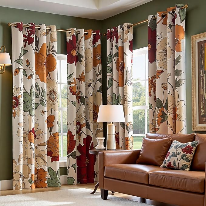 jinchan Beige Boho Floral Blackout Curtains 108 Inch Grommet 2 Panels | Room darkening, Vintage, living room, bedroom, privacy, floral print, flower pattern, fall decor, window treatments