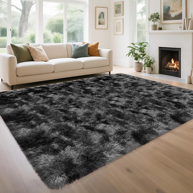 Soft Shaggy Rugs for Bedroom Living Room, 6x9 Tie-Dyed Dark Grey and Black Rug Plush Fuzzy Fluffy Carpet Indoor Modern Shag Area Rug for Kids Room Boys Girls Dorm Nursery Home