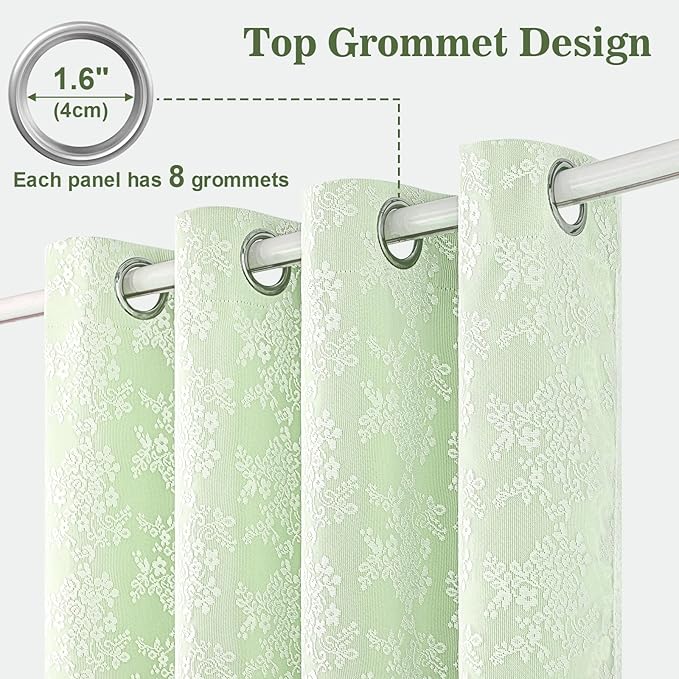 Yinhua Double Layer Blackout Curtains for Bedroom Green Curtains for Living Room 63 Inch Length 2 Panels Set Kid Curtain with Tiebacks, Grommet Drapes with Floral Sheer Overlay, 52" W x 63" L