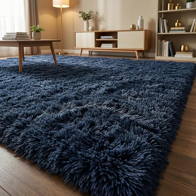 Fluffy Rugs for Living Room: Navy Blue Soft Shag Rug for Bedroom, Large Fuzzy Plush Indoor Carpet Non Slip Modern Rug for Nursery Kids Room Dorms Office Home Decor, 9x11 Feet