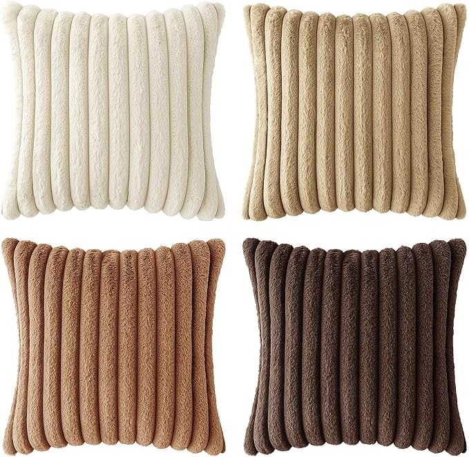 MIULEE Faux Fur Plush Decorative Throw Pillow Covers 20x20 Set of 4, Boho Fall Farmhouse Soft Fuzzy Striped Cushion Covers for Sofa Couch Bed Living Room Vintage Rustic Home Decor,Brown