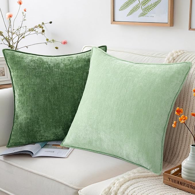 decorUhome Chenille Sage Green Velvet Throw Pillow Covers 20x20 Set of 2 | Fall Soft Couch Decorative Modern Farmhouse Pillow Cases with Elegant Design for Sofa Bed Living Room Home Decor