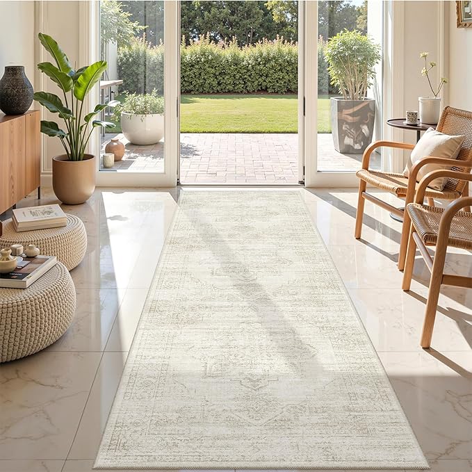 2'6 x 8' Runner Rug Non Slip,Washable Kitchen Rugs,Beige | Neutral Rugs for Kitchen,Entryway,Bedroom,Bathroom,Nursery Room,Thin,Soft Runner Rug,Stain Resistant Indoor Carpet