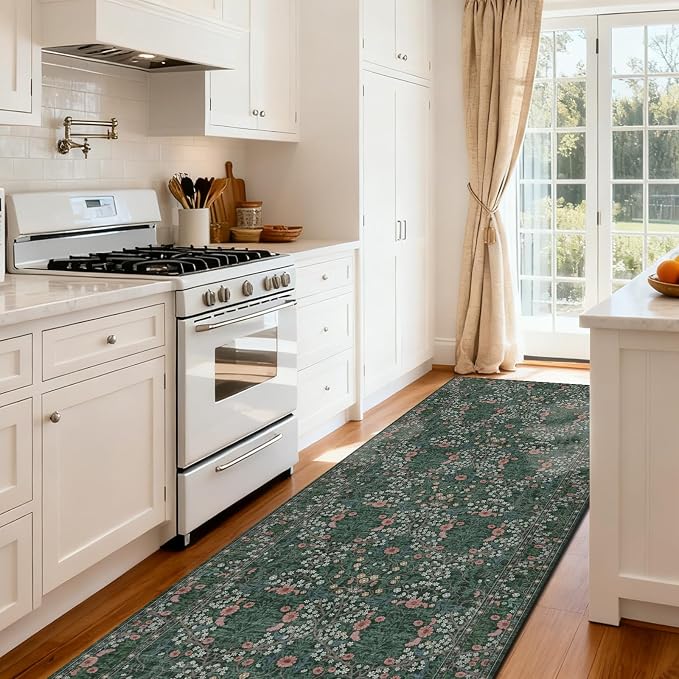 Washable 2'6" x 8' Runners for Hallways, Non Slip Long Floor Runner for Kitchen, Entryway Indoor, Stain Resistant Rubber Backing Floral Decor Rug (Green)