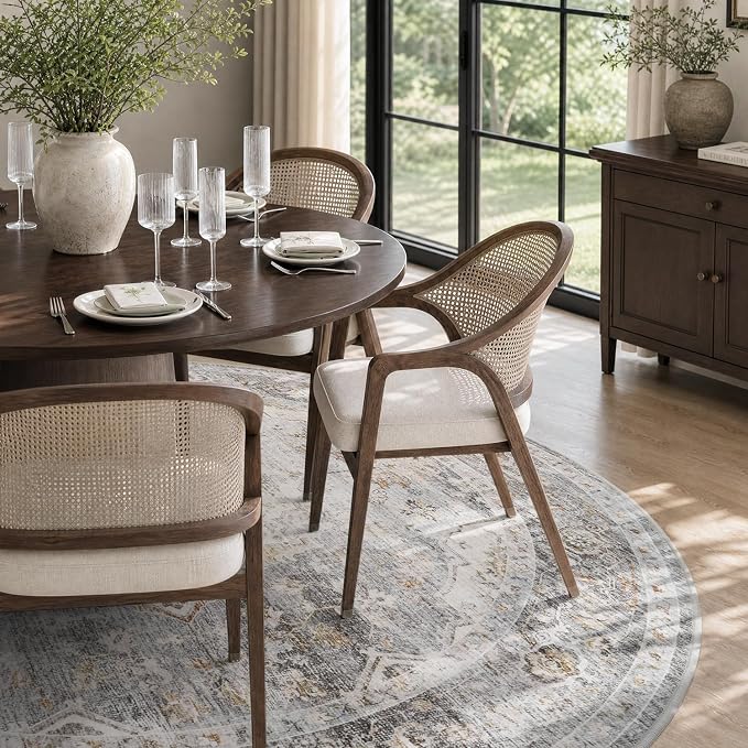 AMOAMI-6FT Round Rug-Rugs for Living Room-Vintage Soft Grey Rugs for Bedroom-Non Slip Circle Rug-Machine Washable Rug for Dining Room Living Room Bedroom Office Under Table
