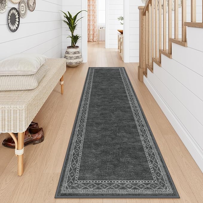 Lahome Modern Bordered Washable Runners for Hallways, Ultra-Thin 2.5x8 Kitchen Rugs Non Slip Washable Hallway Runner, No Shedding Soft Carpet for Bedroom Entryway Laundry(2.5'x 8',Gray)
