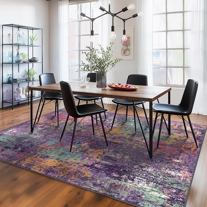 RELEANY Washable Area Rugs 7'x9' Non-Slip Modern Abstract Soft for Living Room Entryway Bedroom Kitchen, Print Pattern, Purple Orange Blue Green Rust Red Colorful