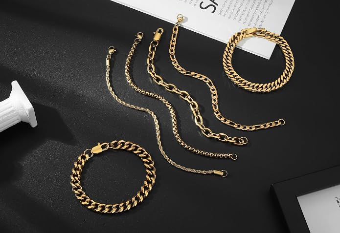 XIANNVXI 6pcs Bracelets for Men Gifts for Him Stainless Steel Bracelet Silver/Gold/Black Cuban Link Rope Paperclip Chain Bracelets Set 6.5/7/7.5/8.3/9 Inches Metal Bracelet Mens Fashion Accessories Jewelry Gifts Set