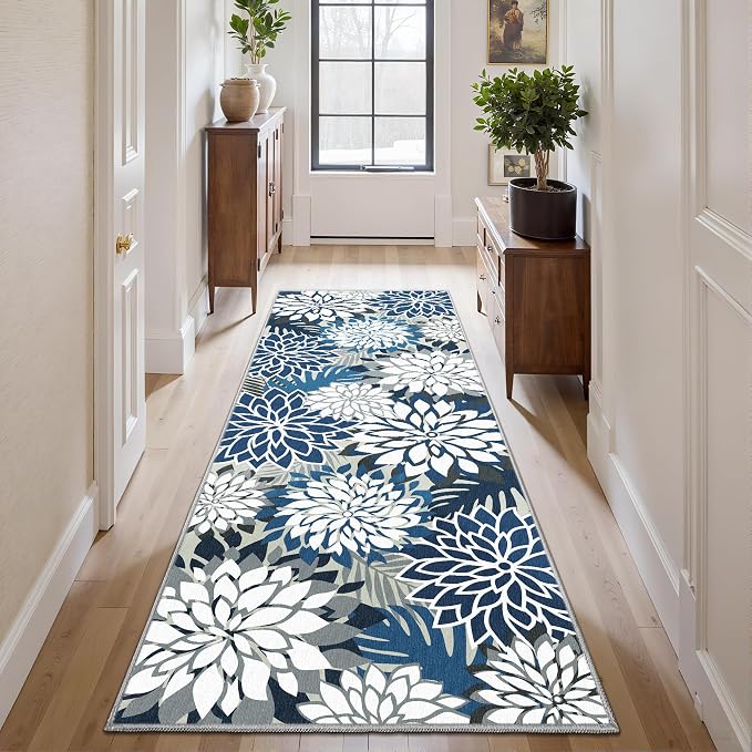 2x6 Washable Runner Rug for Hallway Tropical Botanical Modern Floral Chenille Kitchen Rugs Low Pile Non Slip Carpet for Patio, Bedroom, Laundry, Blue