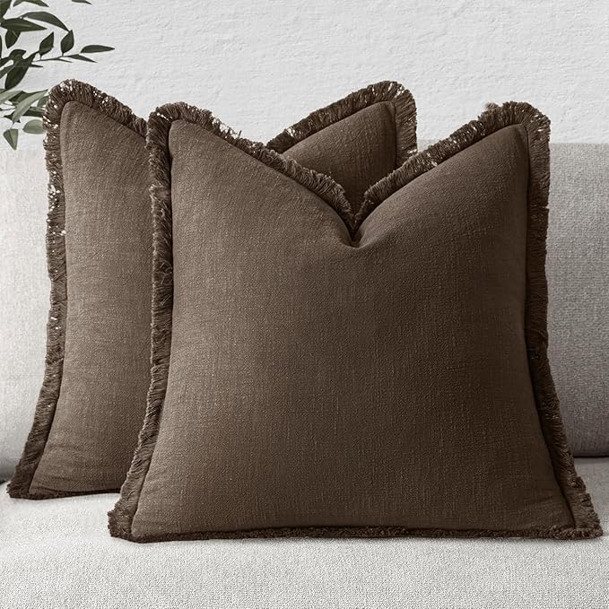 MIULEE Decorative Throw Pillow Covers Neutral Linen Fringe Throw Pillows Set of 2 Chocolate Brown Boho Farmhouse Cushion Covers with Tassels for Couch Sofa Bed Living Room Fall Decor 18x18 Inch