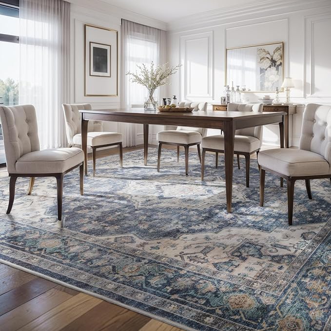 AMOAMI-4X6 Area Rugs for Living Room -Soft Vintage Bedroom Rugs-Non Slip Washable Rug-Throw for Living Room Bedroom Bedside Dining Room Office Blue