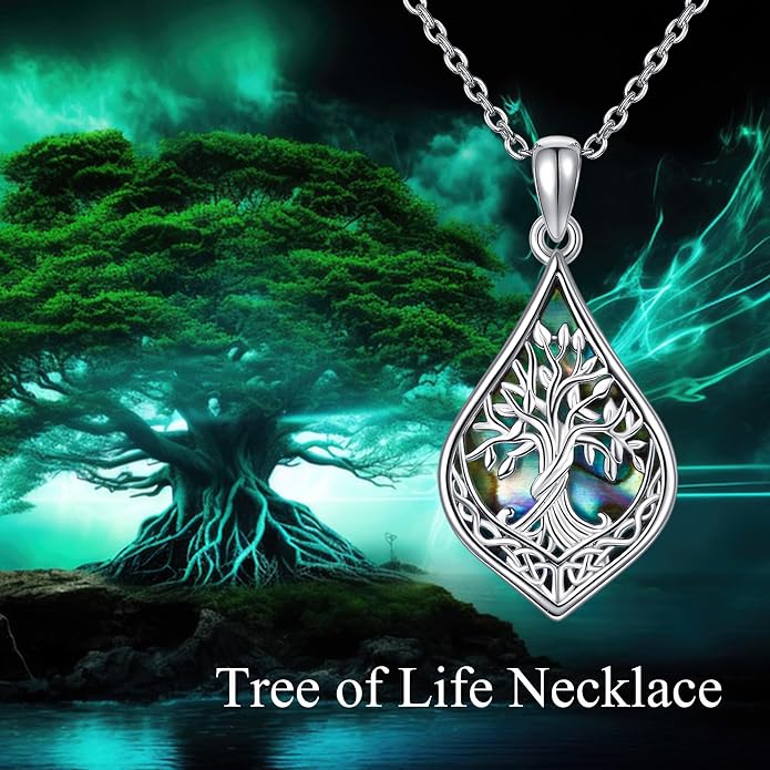 ONEFINITY Celtic Tree of Life Necklace 925 Sterling Silver Celtic Knot Abalone Shell Pendant Necklace Tree of Life Nature Jewelry Gift for Women