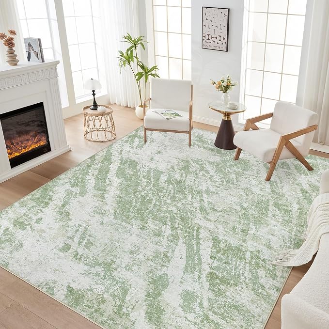 DMOYEST 5x7 Washable Area Rug: Abstract Modern Non-Slip Carpet, Soft Low Pile Indoor Neutral Easy Clean Floor Rugs for Living Room Bedroom Dining Room Kids & Pets - Green