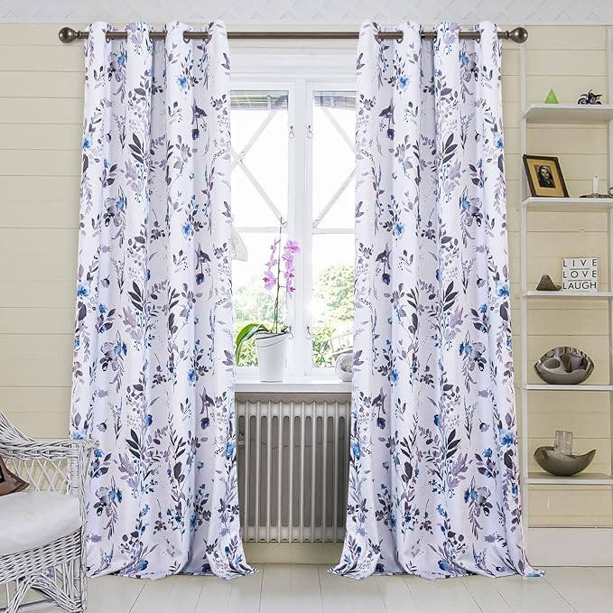 MYSKY HOME Curtains 84 Inches Long for Living Room, Blue Floral Thermal Insulated Light Blocking Grommet drapes, 2 Panels, Grey and Blue.