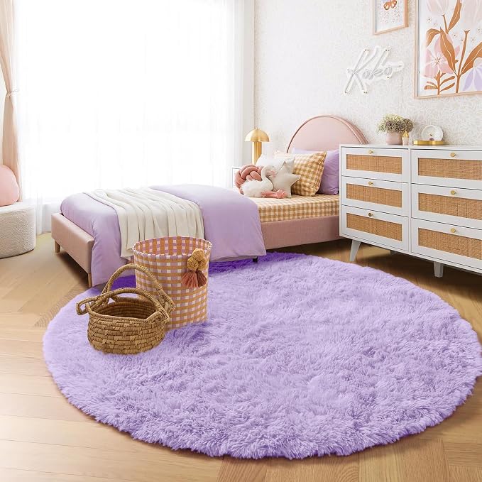 Amdrebio Light Purple Large Round Rugs 8Ft for Girls Bedroom, Fluffy Fuzzy Circle Area Rug for Kids Room Decor Aesthetic, Soft Cute Furry Plush Shag Big Lavender Carpet for Living Room, Playroom