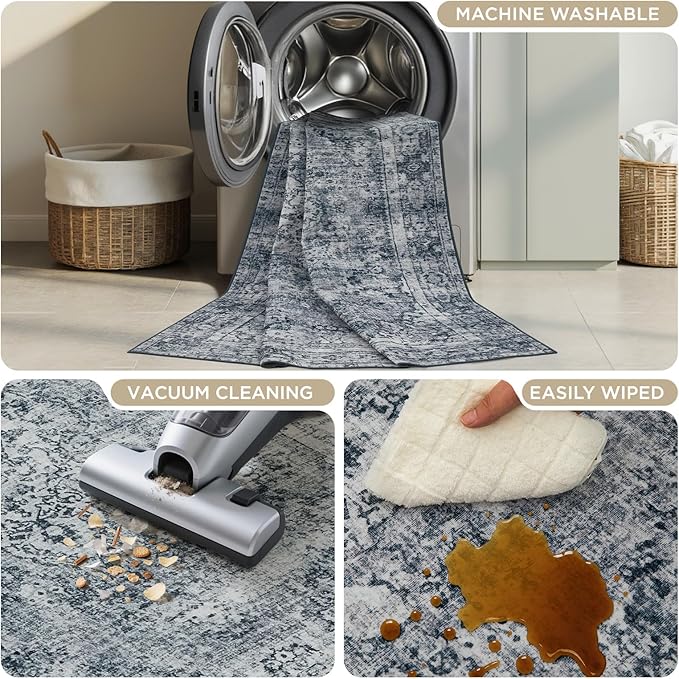 Joydeco 6x9 Area Rugs for Living Room Vintage, Light Grey | Non Slip Machine Washable Low Pile for Bedroom Dining Room Home Office Pet & Child Friendly