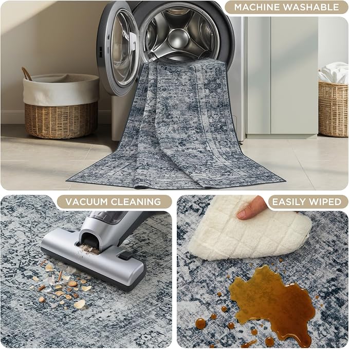 Joydeco 8x10 Area Rugs for Living Room, Non Slip Machine Washable Vintage Rug, Low Pile Chenille Print Rugs for Bedroom, Dining Room, Home Office, Pet & Child Friendly, Light Grey