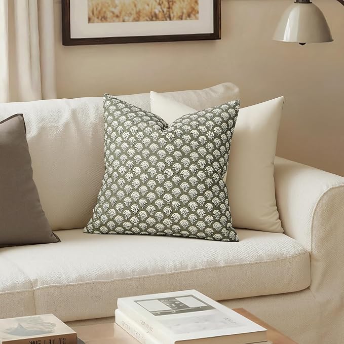 MIULEE Set of 2 Decorative Floral Pillow Covers Neutral Vintage Throw Pillows Block Print Boho Farmhouse Cushion Covers for Modern Home Decor Couch Sofa Bed Living Room, 16x16 Inch, Sage Green