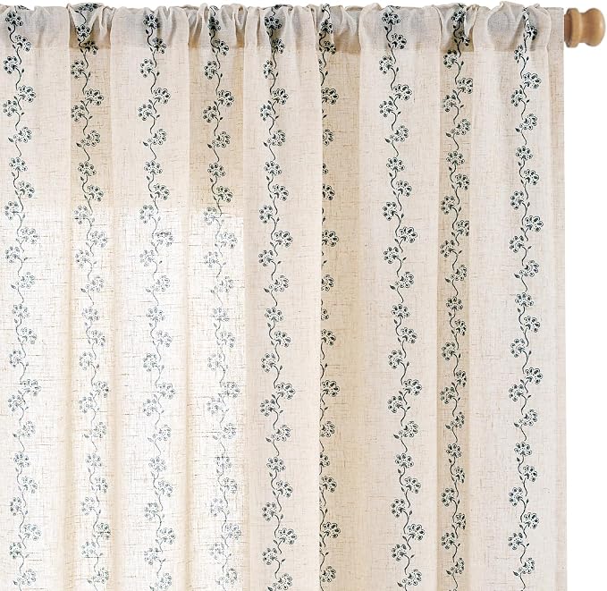 Lazzzy Cathy Linen Floral Curtains 63 inch Length for Kitchen Cute Privacy Curtains for Kids Room Rod Pocket Back Tab Light Filtering Drapes Farmhouse Cottagecore Decor 50"x63" Blue on Linen