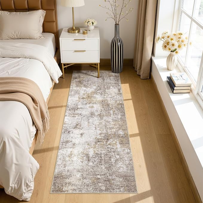Machine Washable Runner Rug 2x6, Non Slip Soft Rug for Hallway | Modern Abstract Carpet, Stain Resistant and Pet Friendly, Joint-Friendly Indoor Rug, Made for Kitchen, Bathroom - Gold Brown